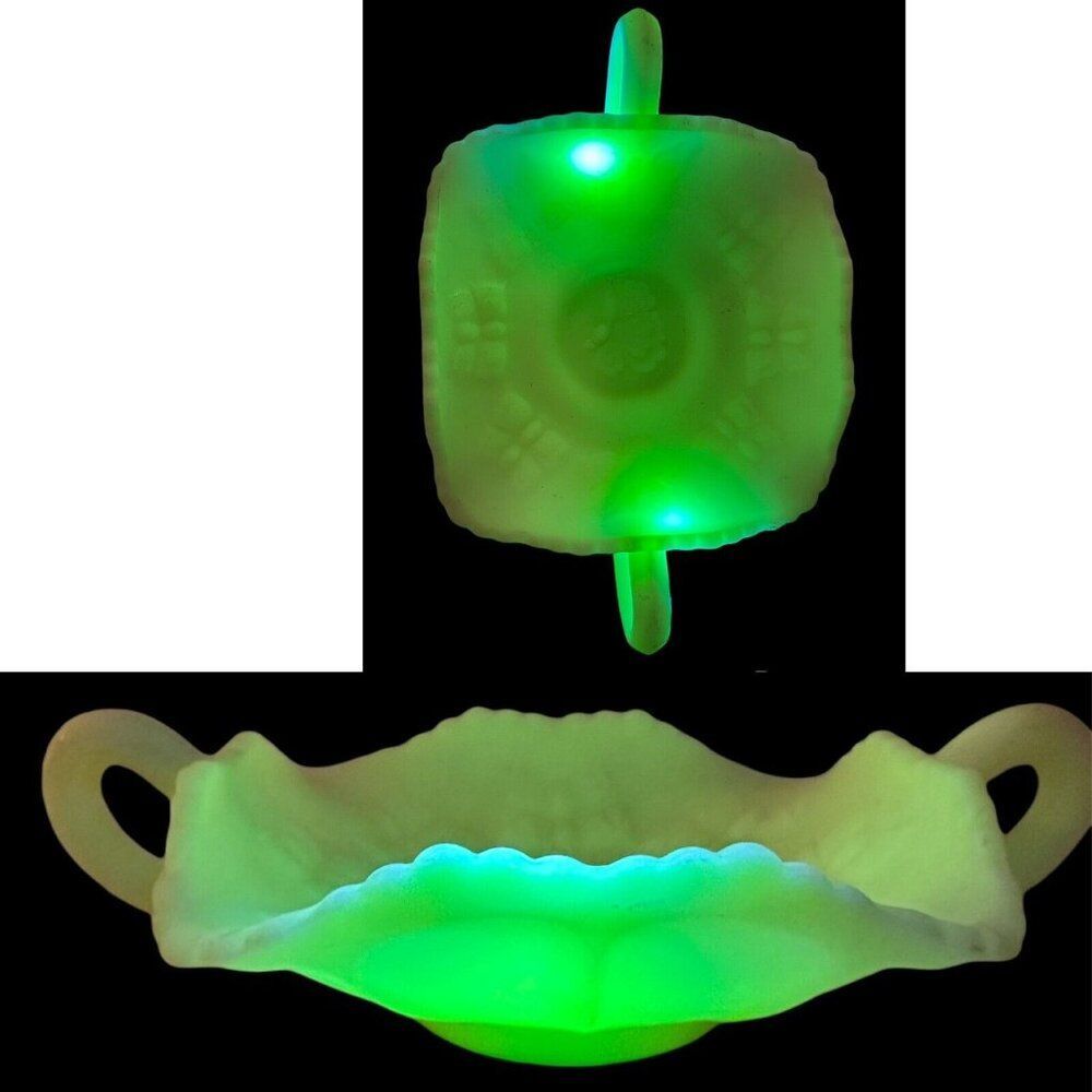 Vtg Fenton Satin Glass Green Butterfly Two Handled Candy Dish Uranium Glows